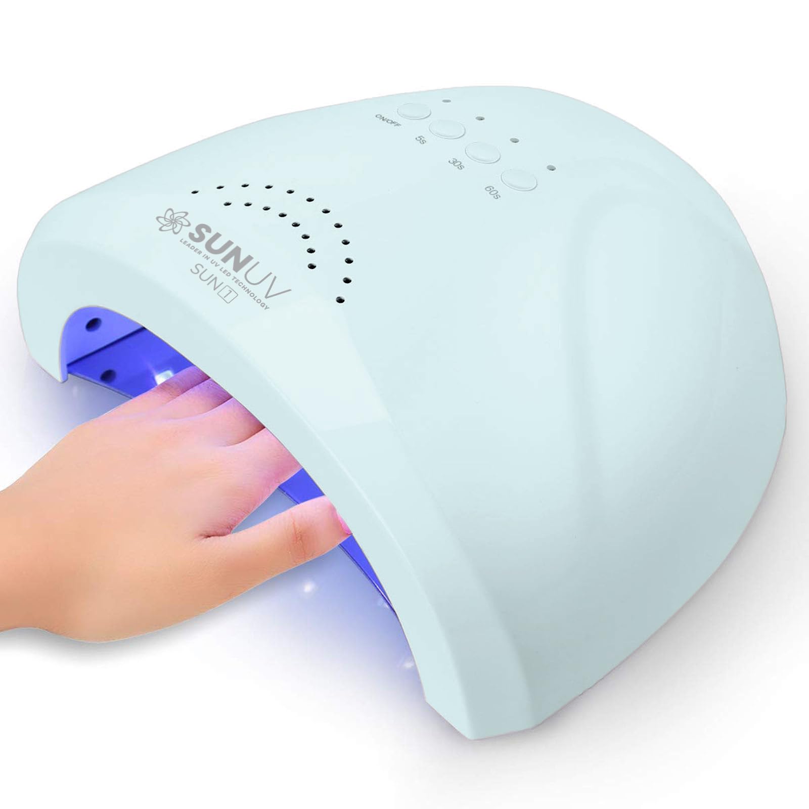 SUNUV lámpara UV para uñas, vista frontal, secado rápido de geles compatibles.