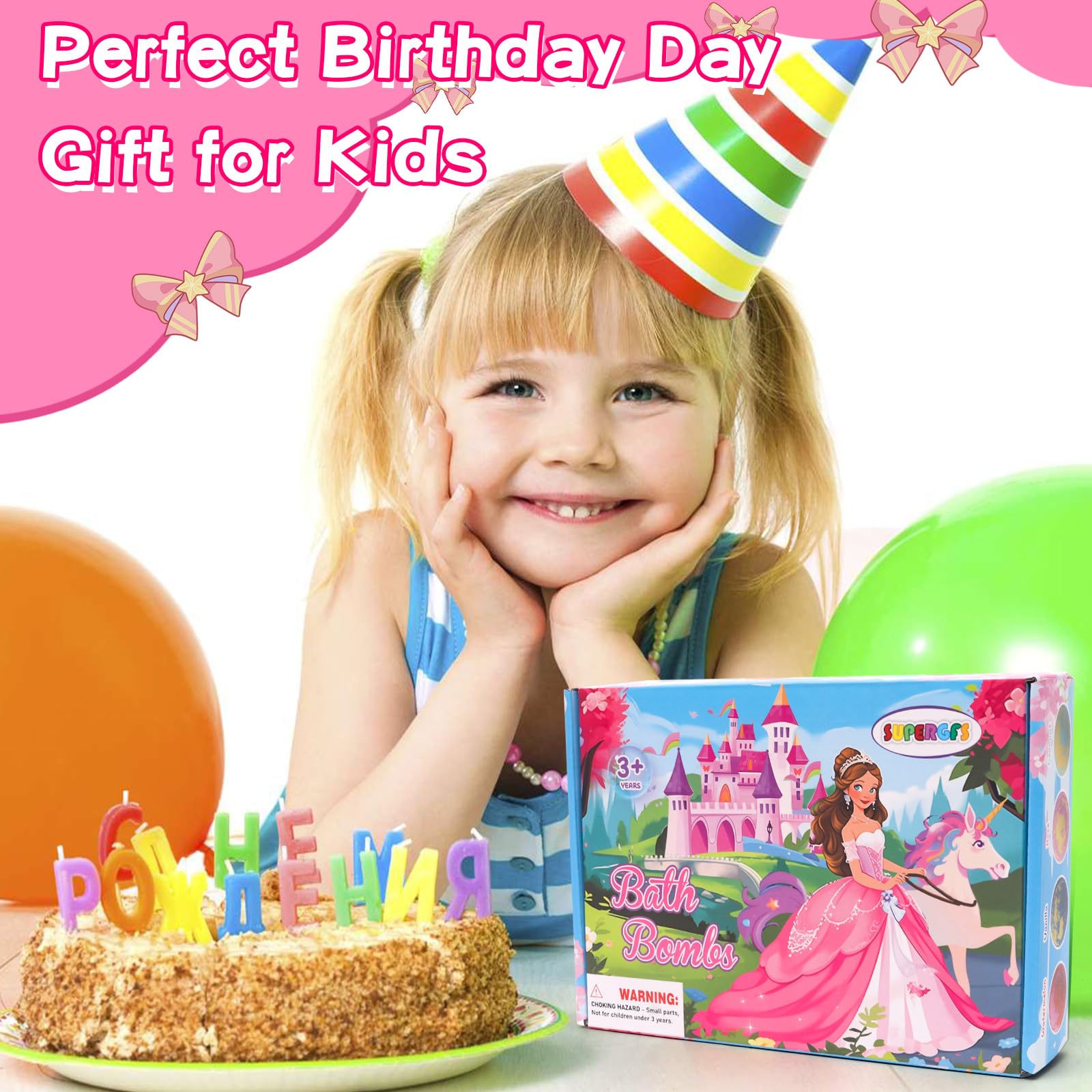 SUPERGFS organic kid-safe formula bath bombs designed for gentle, safe use.