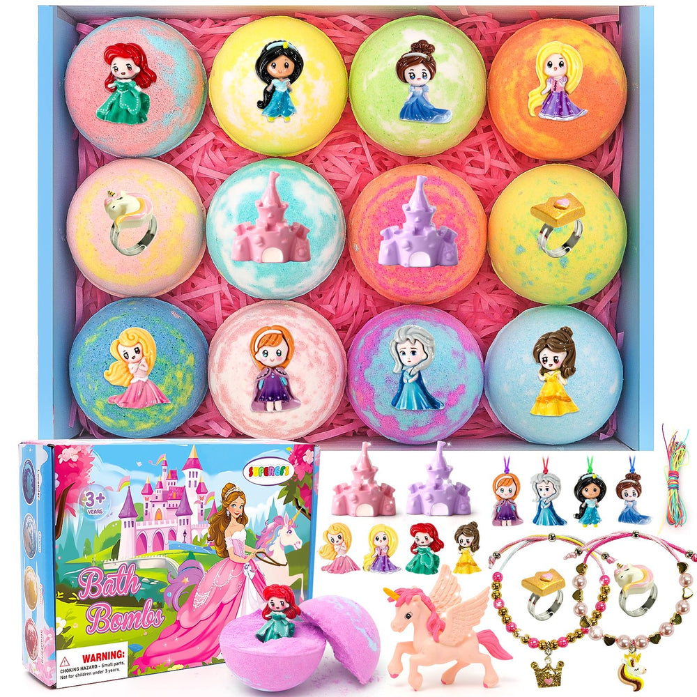 SUPERGFS princess inside bath bombs reveal a colorful surprise toy for imaginative bath time.