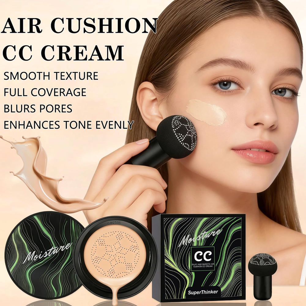 Close-up of SuperThinker compact open to reveal Air Cushion CC Cream for portability.