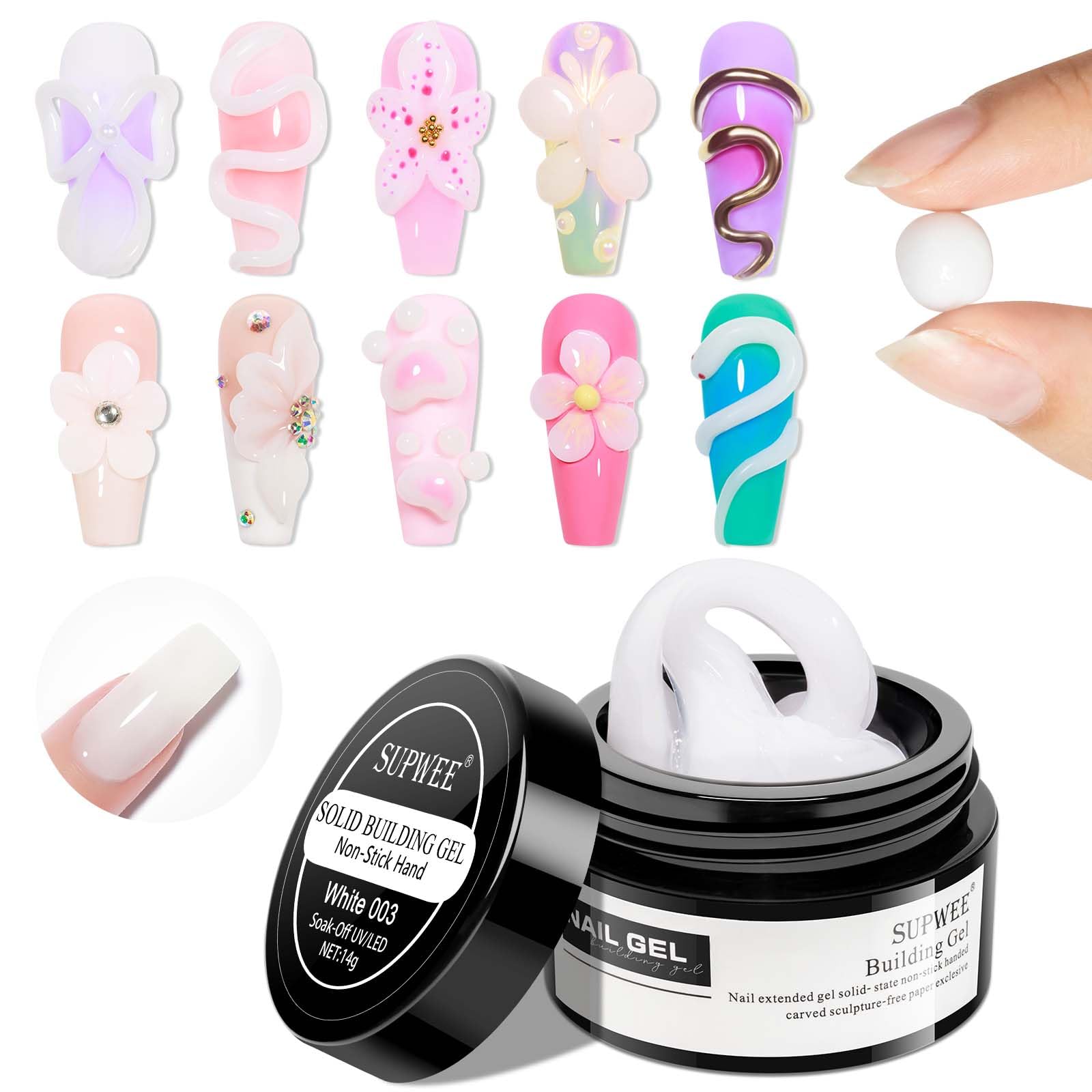 Supwee gel de construcción 3D blanco para uñas con acabado sólido
