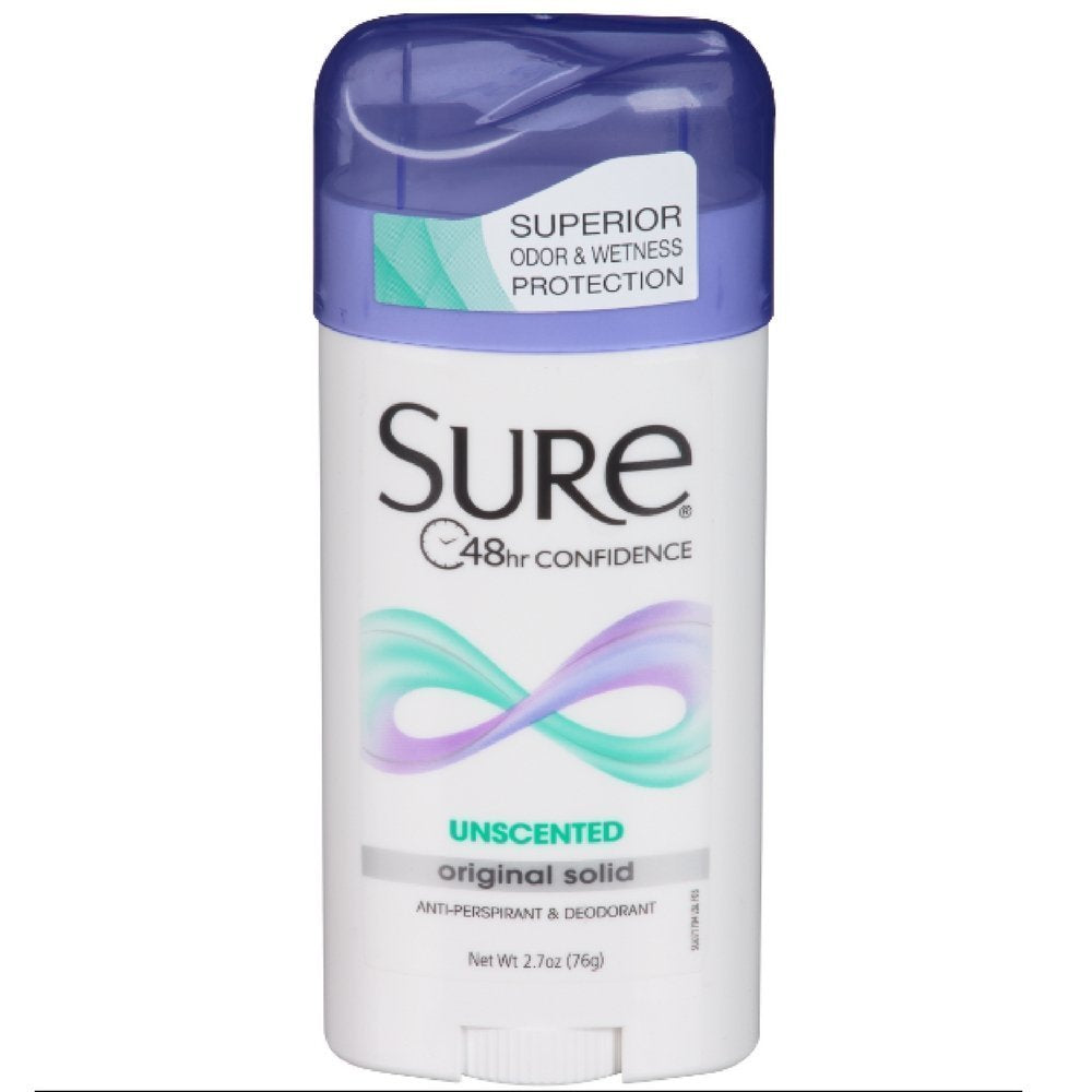 Sure Original Sin Fragancia: desodorante sólido 12-pack, protección diaria sin perfume para piel sensible.