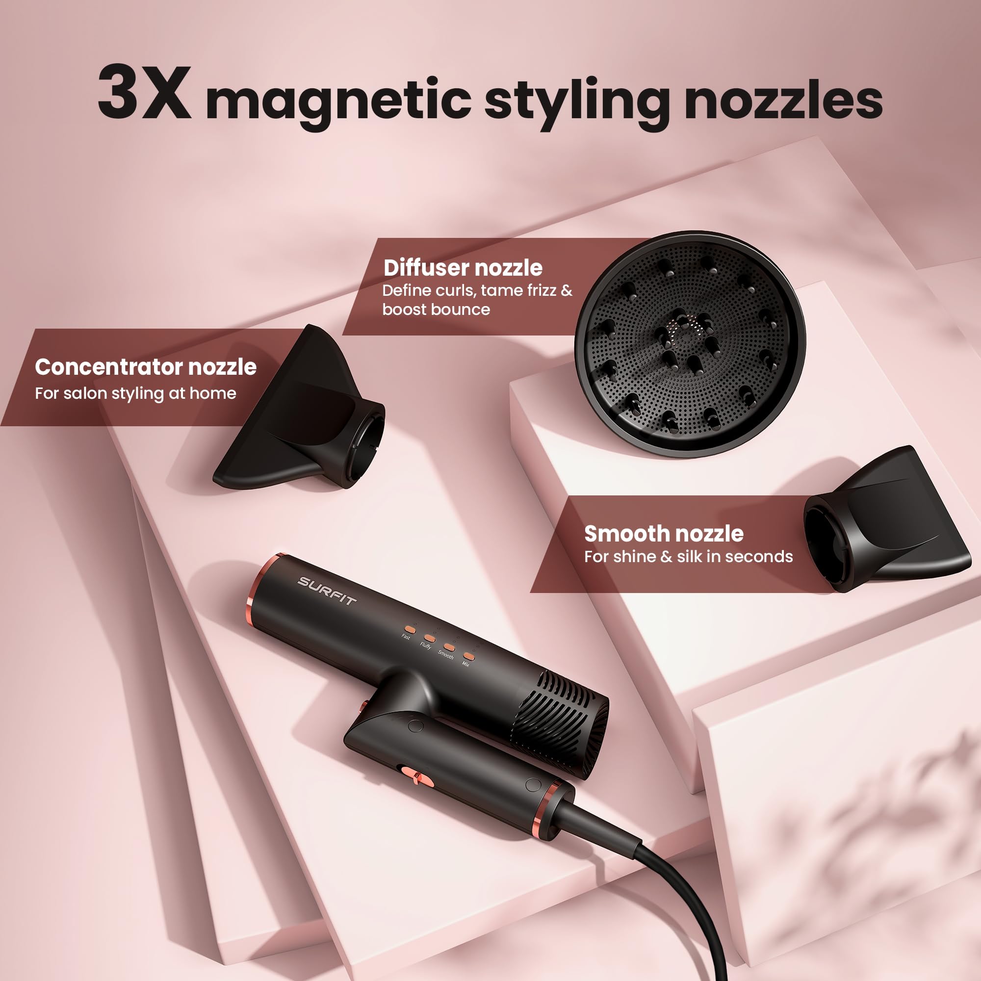 Surfit secador con iones para reducción de frizz y brillo.