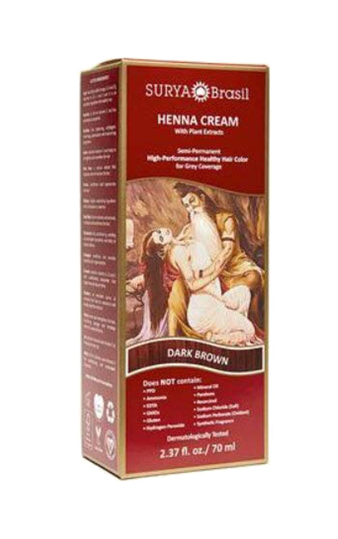 Surya Henna crema marrón oscuro, empaque 4 pack para coloración natural y suave.