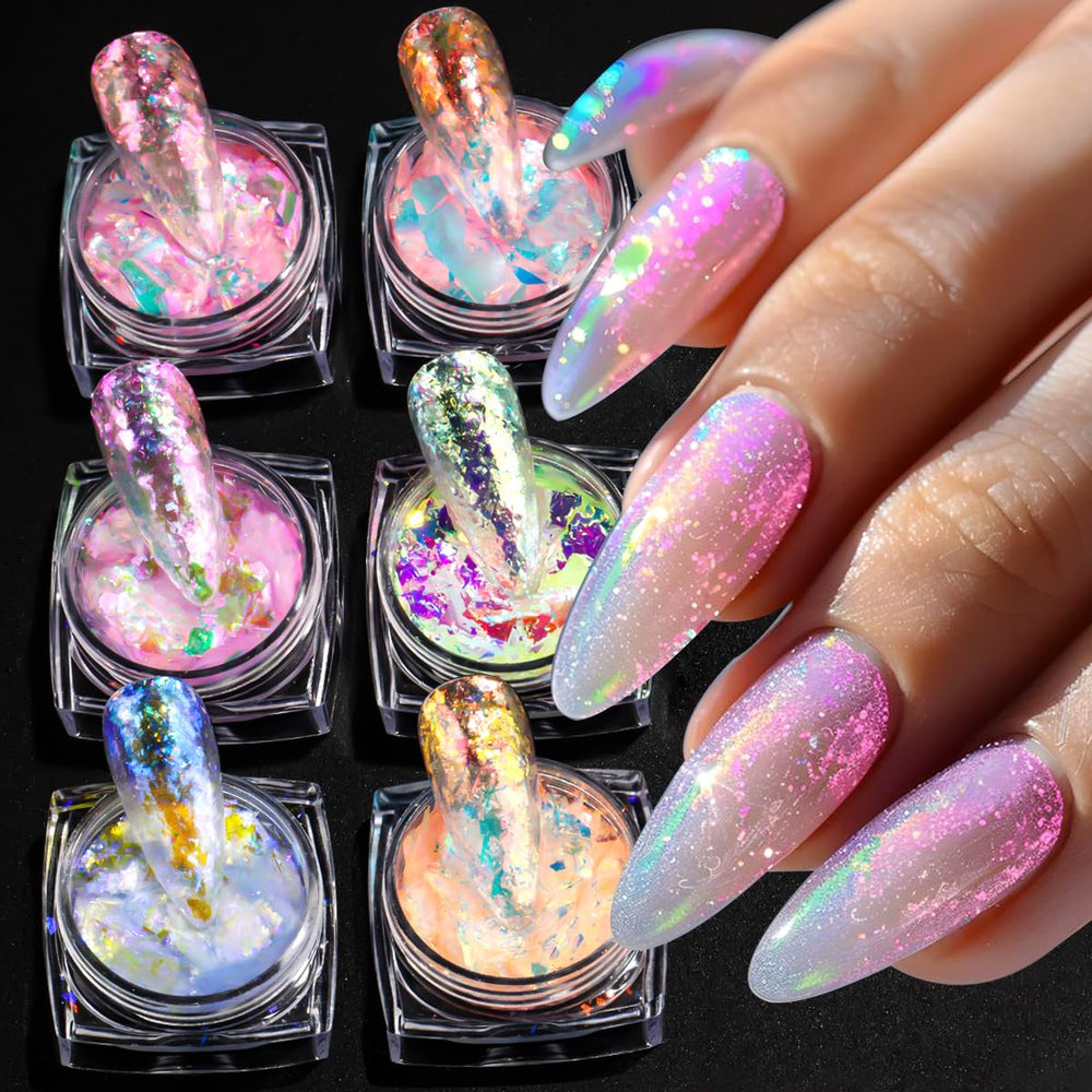 Copos brillantes SUTOZMIWE para uñas con efecto Aurora Opal para realzar el brillo.