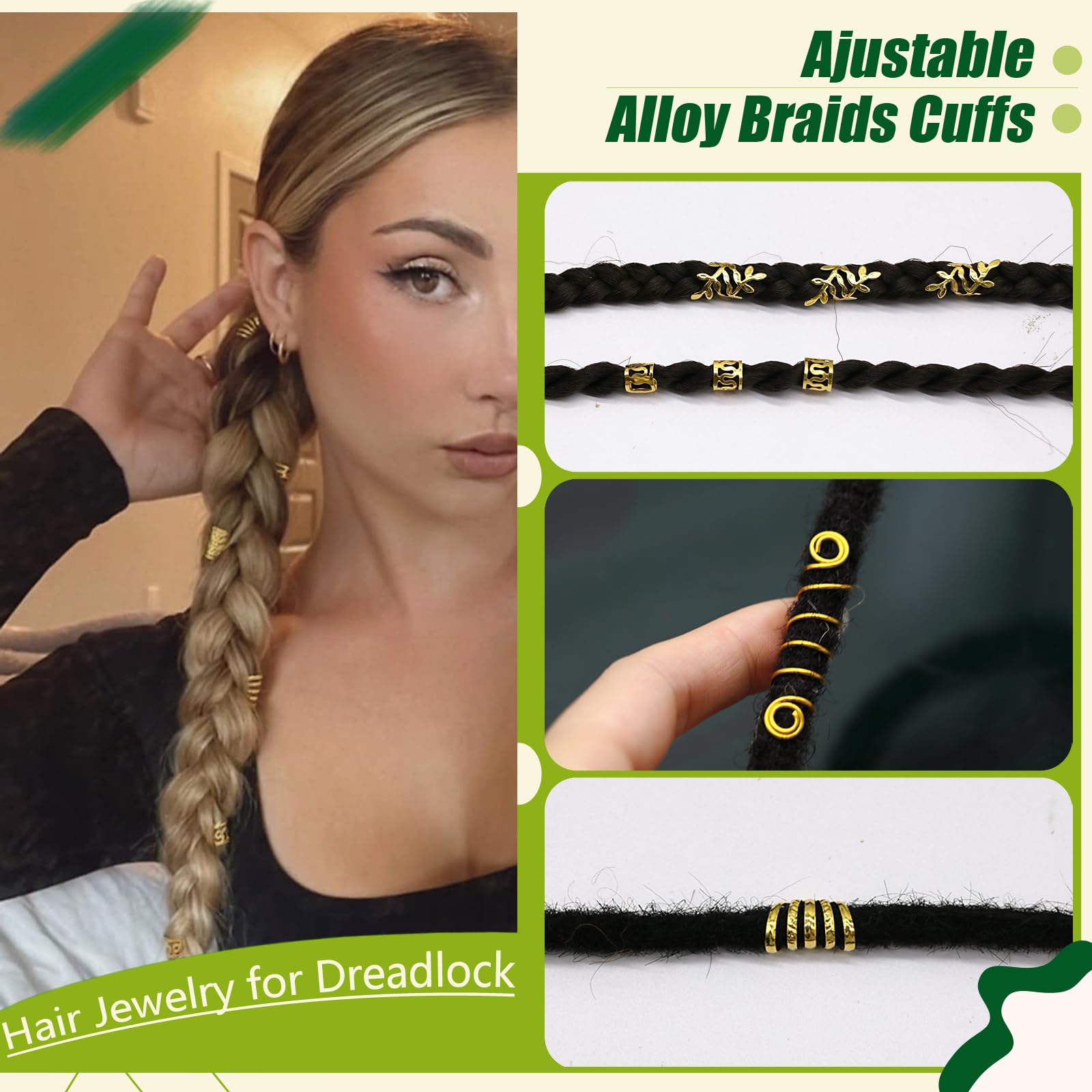 SVNMU cuff dorado para trenzas, diseño seguro y cómodo.