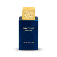 Frasco dorado de Swiss Arabian Shaghaf Oud Azraq, lujo para ocasiones especiales.
