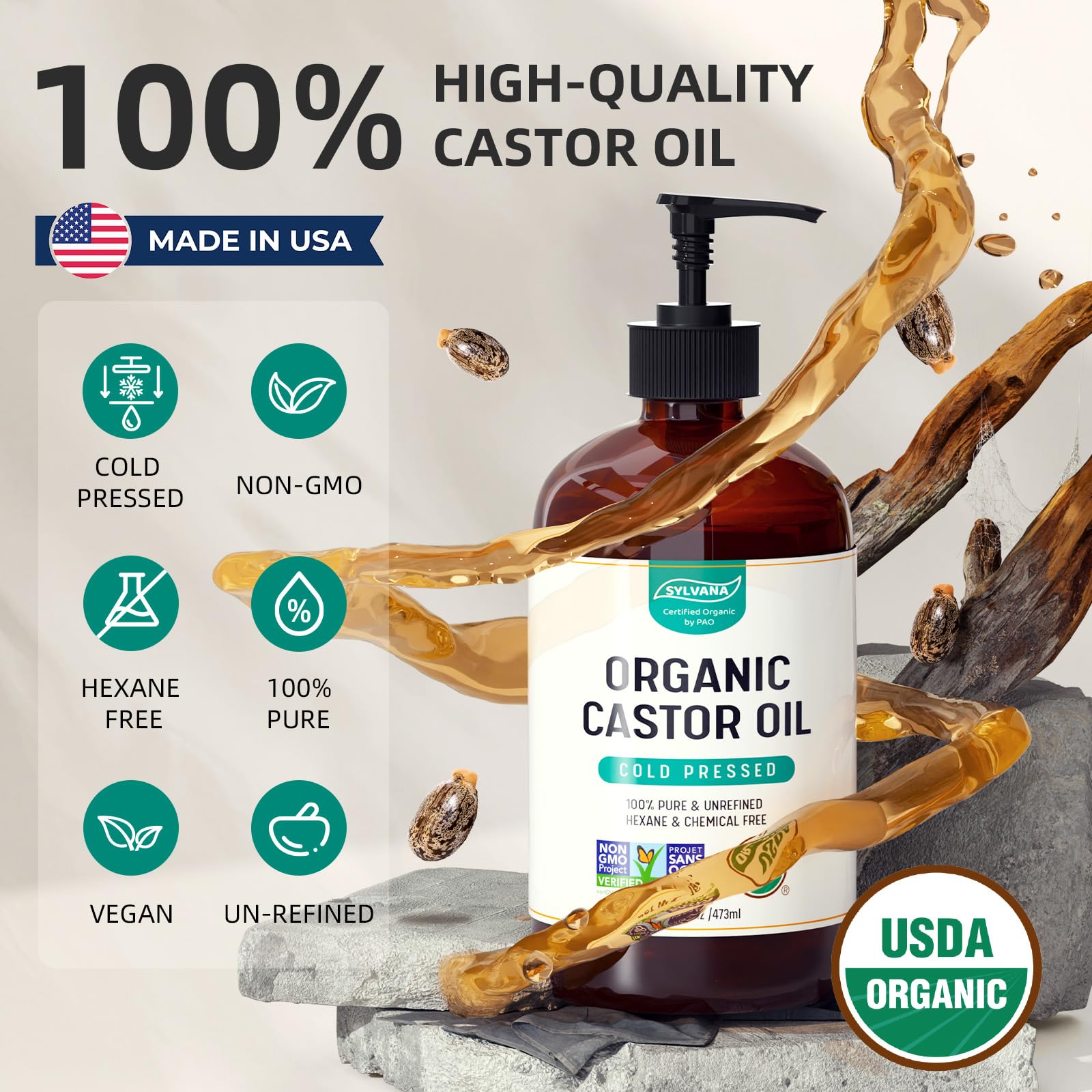 SYLVANA Aceite de ricino promueve crecimiento del cabello y pestanas.