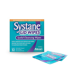 Systane Lid Wipes package showing 32-count box for eyelid cleansing.