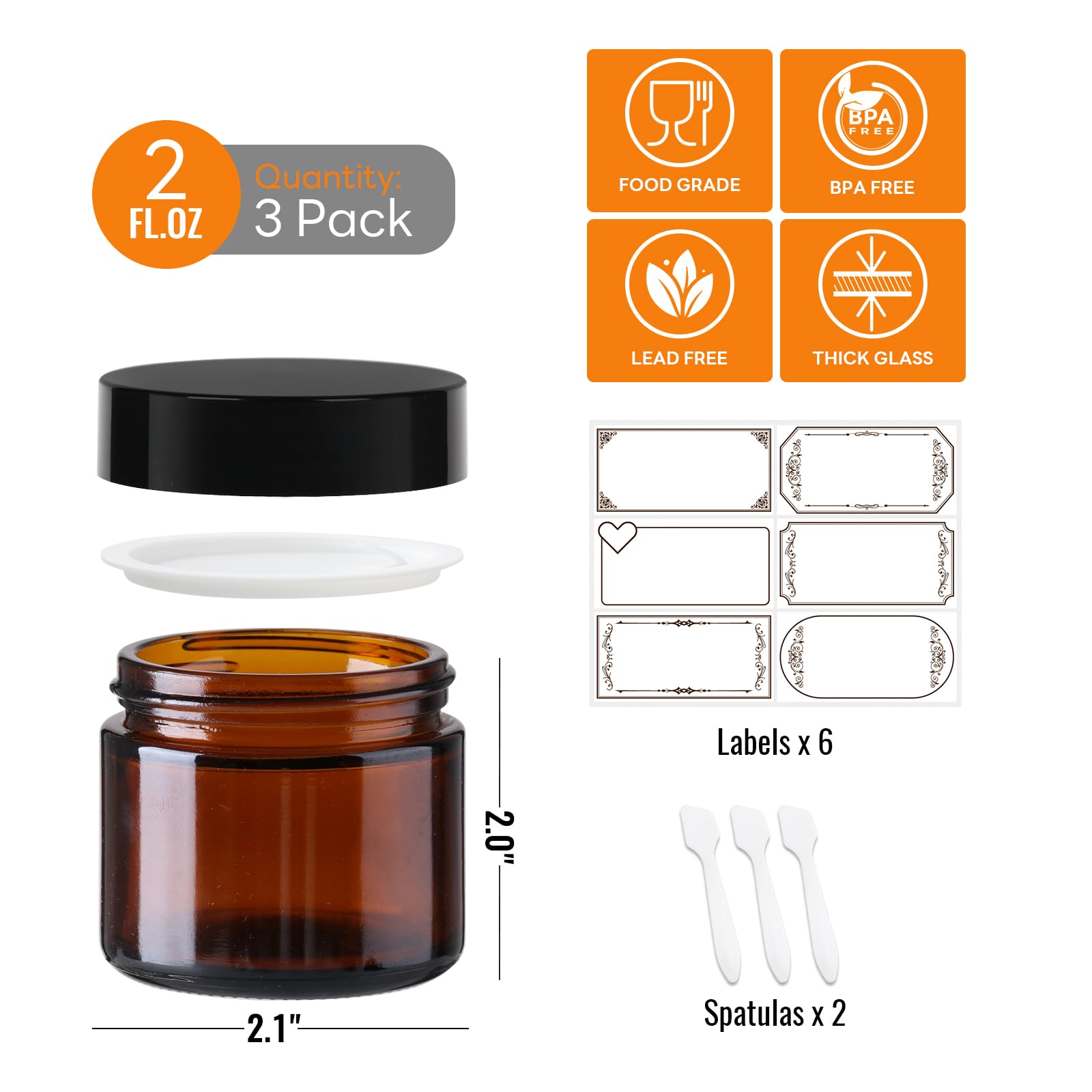 Jarras SZUAH ámbar 60 ml con forro interior para cosméticos caseros