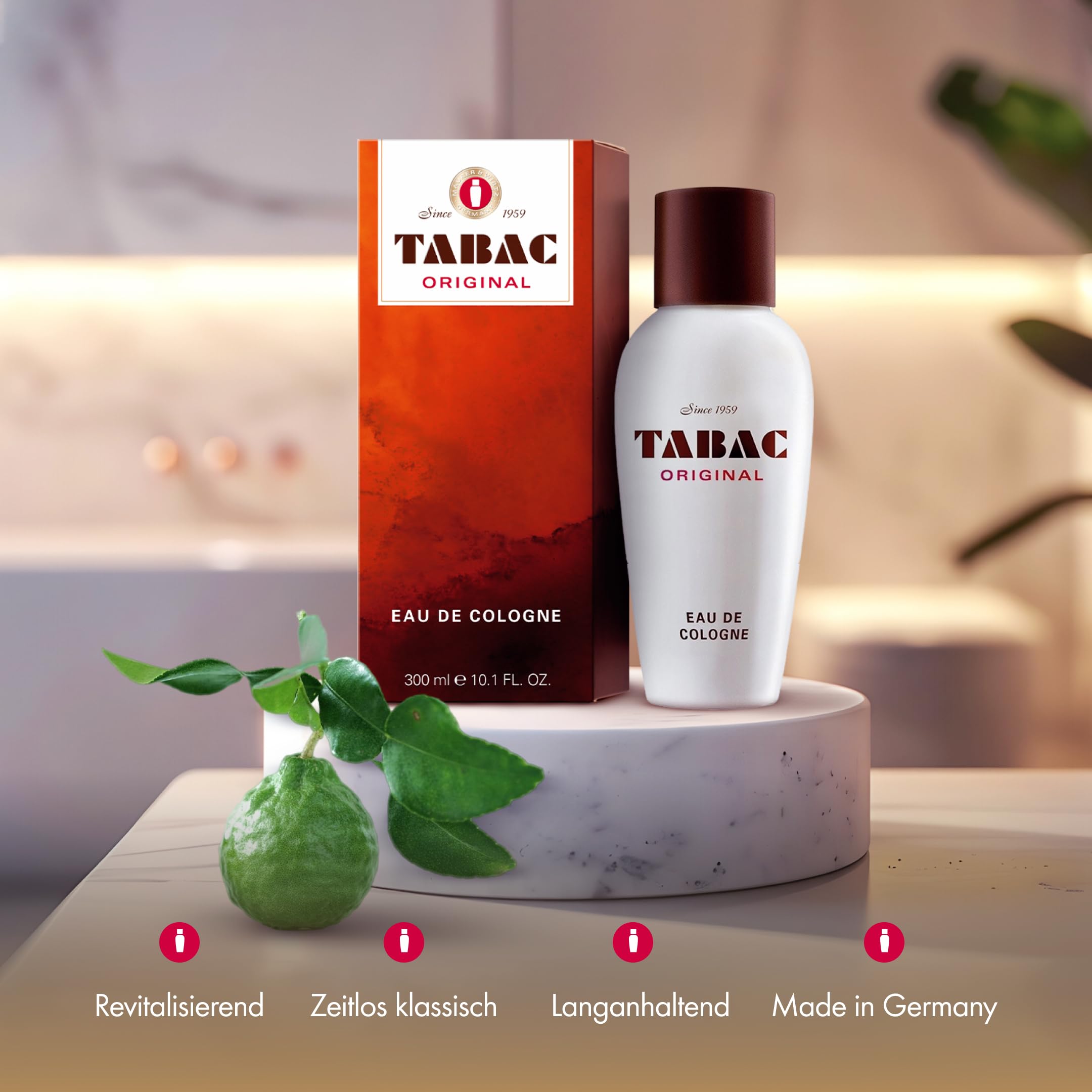 Tabac Original bottle back view, timeless fragrance presence from a distance.