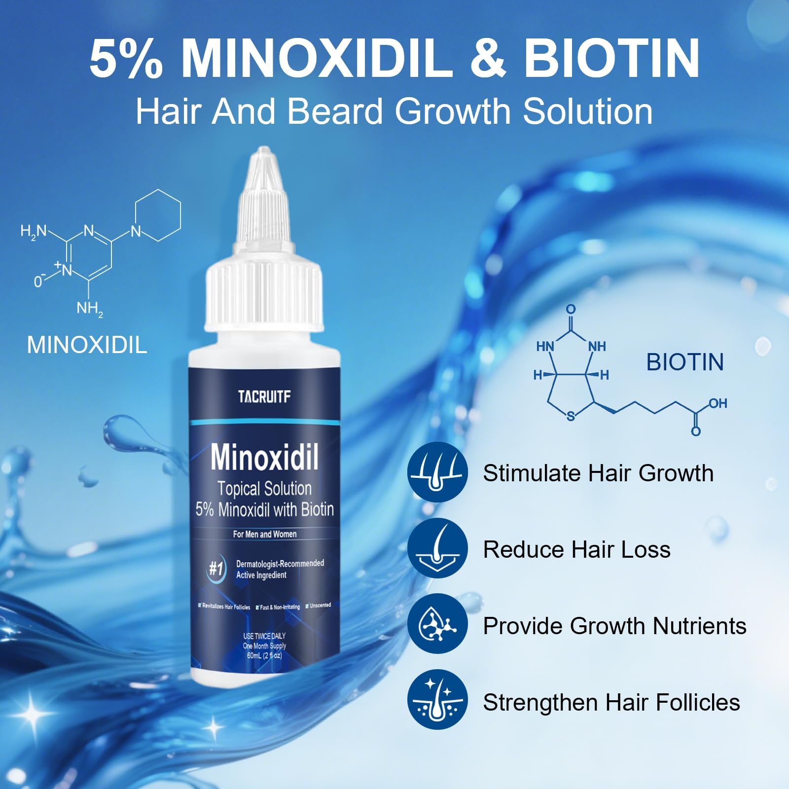 Tacruitf Minoxidil con Biotina, aplicación en cabello para densidad percibida.