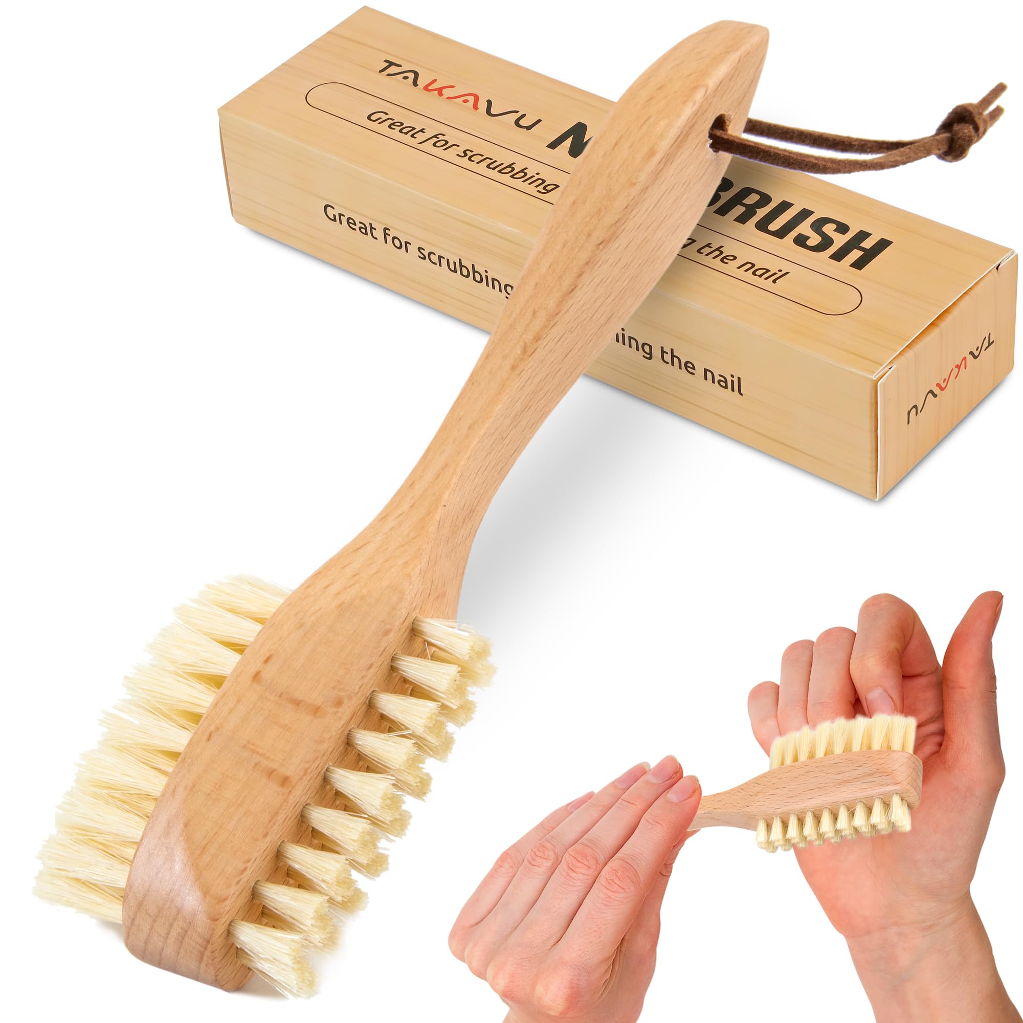 Brocha TAKAVU para uñas con mango de madera natural, diseño ergonómico para limpieza suave.