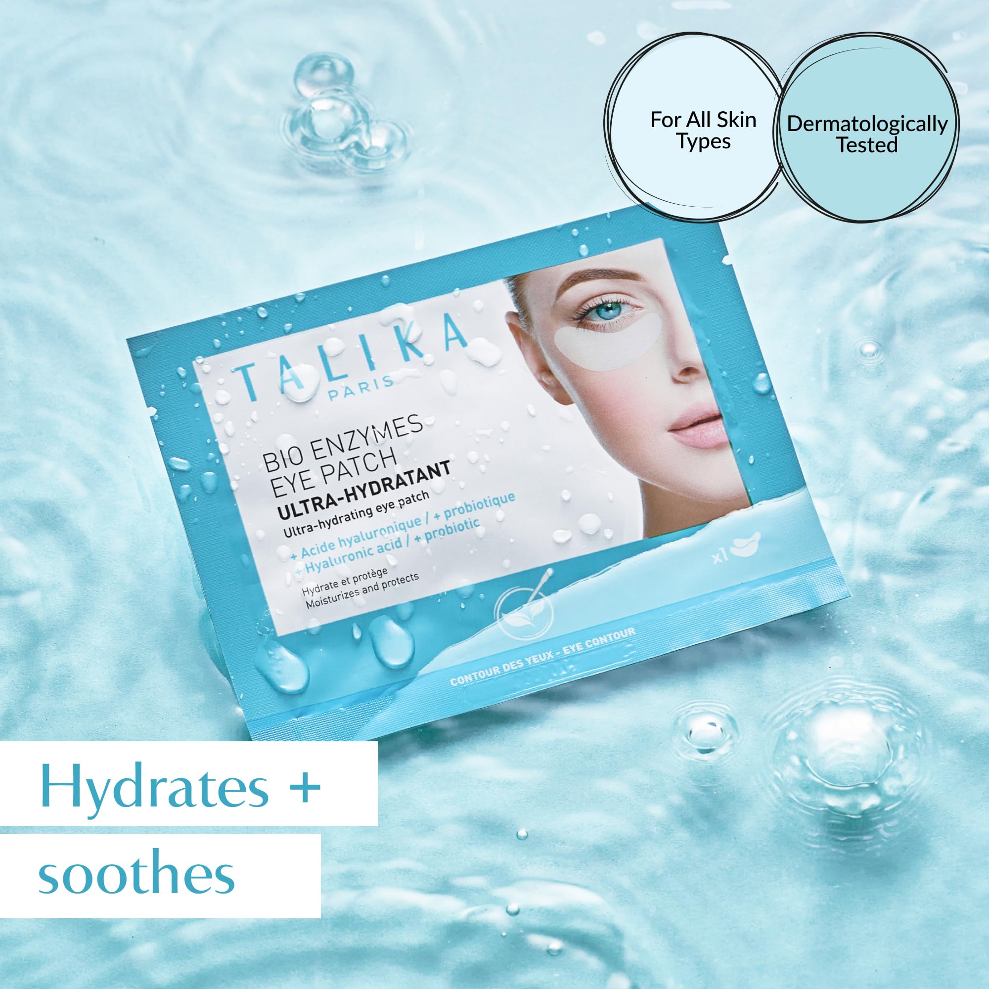 Talika Bio Enzymes Eye Patch applied under the eye for smooth dehydration lines.