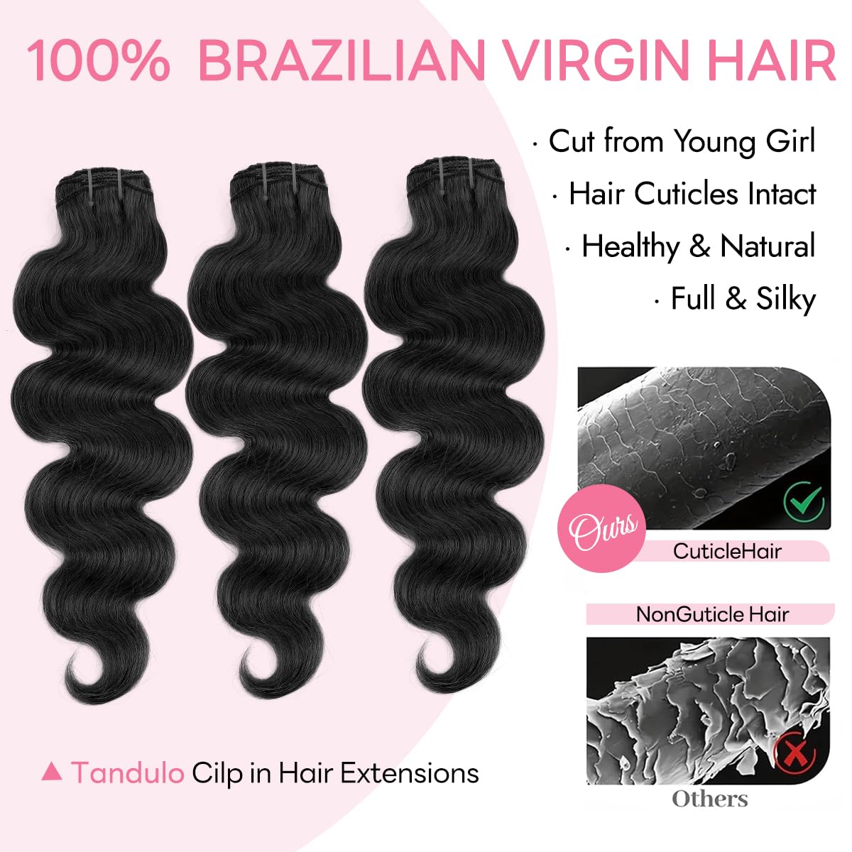 Tandulo extensiones de pelo 1B Negro natural clip-in, fácil de combinar