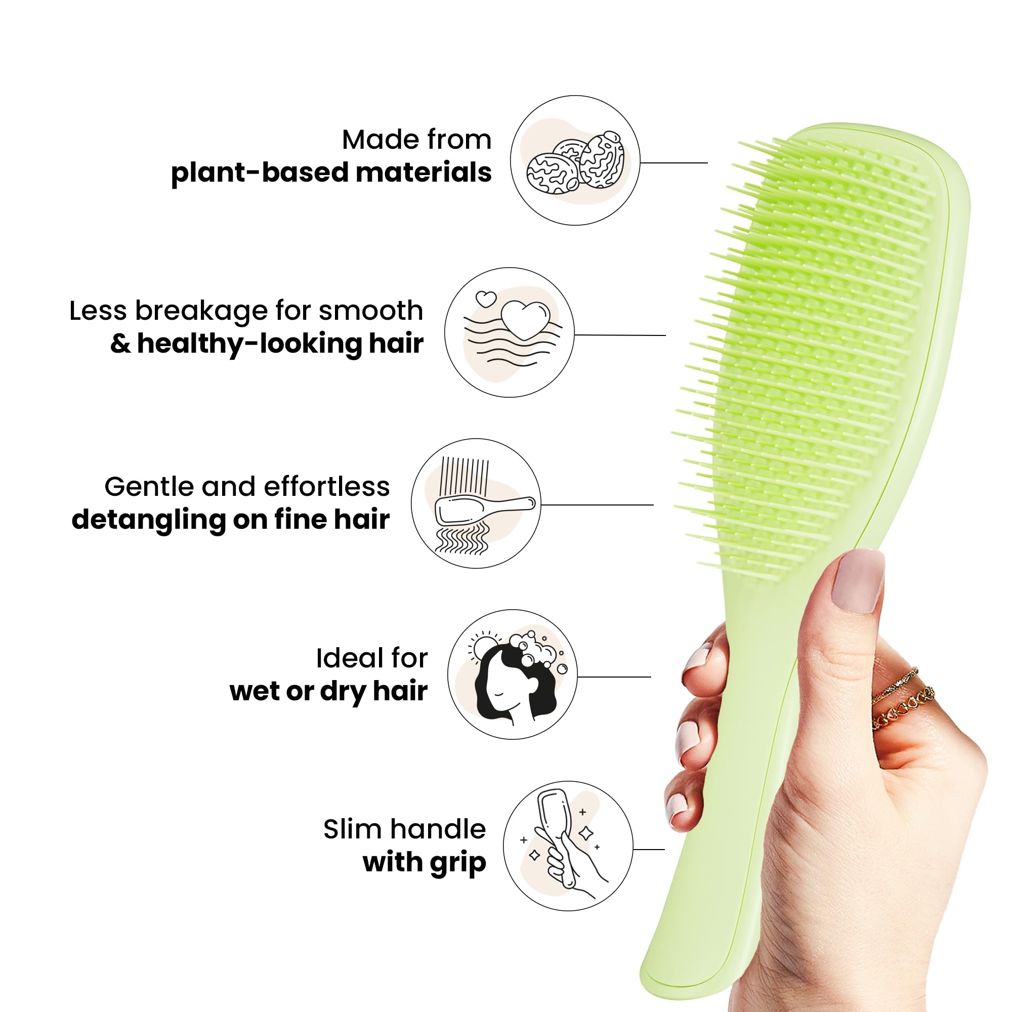 Desenredador Tangle Teezer, primer plano de dientes largos para desenredar suavemente.