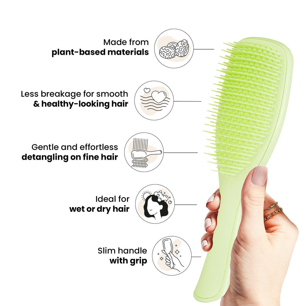Desenredador Tangle Teezer, primer plano de dientes largos para desenredar suavemente.