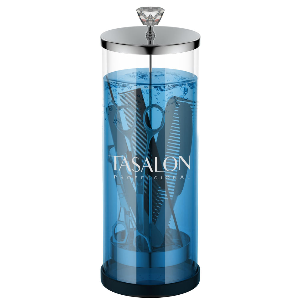 Tasalon Barber Jar con mango de cristal, agarre cómodo y manejo preciso durante la desinfección.