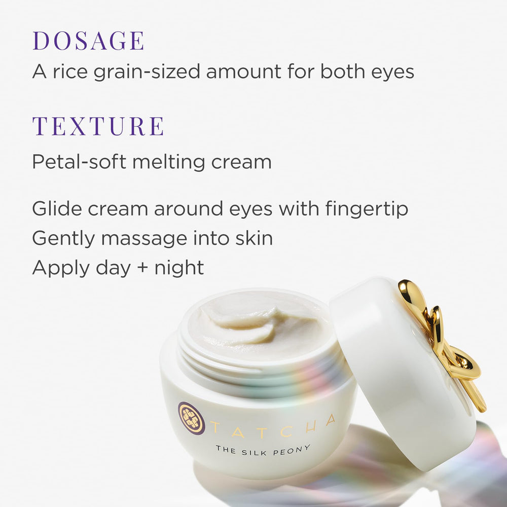 TATCHA Silk Peony Under Eye Cream, etiqueta con ingredientes clave iluminando la rutina diaria.
