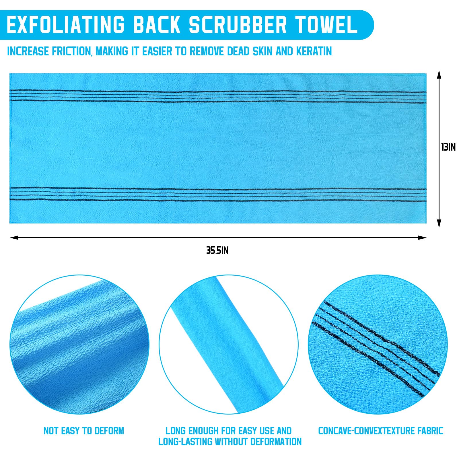 Toalla exfoliante Tatuo azul facilita la limpieza de la espalda.