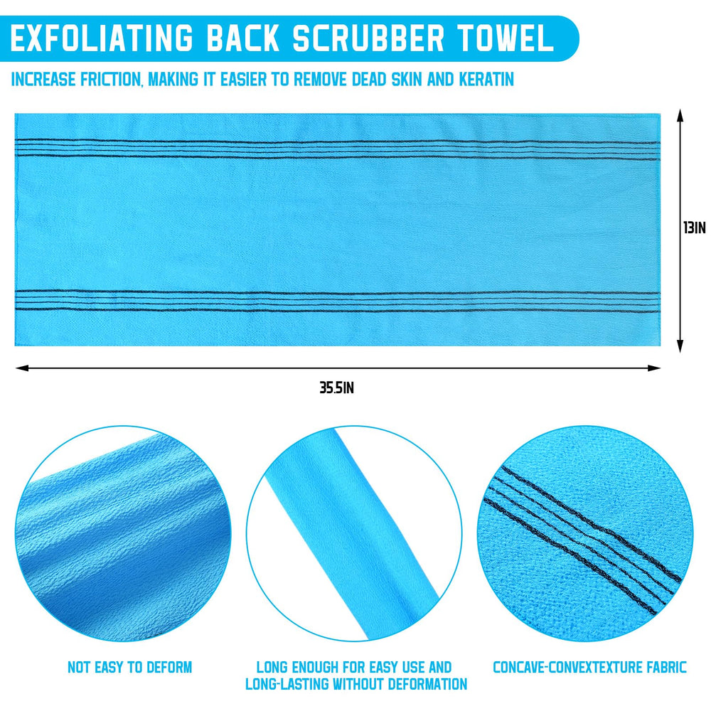 Toalla exfoliante Tatuo azul facilita la limpieza de la espalda.