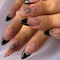 uñas TBRZTR frances negro con brillo y cristales para un look elegante.