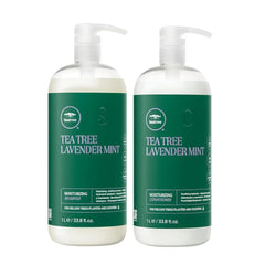 Tea Tree Hydratation Lavande Menthe Shampoing – bouteille, cheveux hydratés et démêlés.