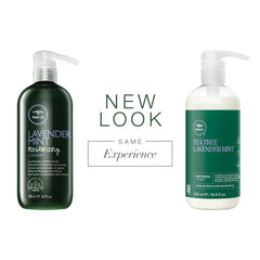 Tea Tree Lavanda Menta limpiador-acondicionador etiqueta; transmite relajación en tu rutina.