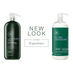 Étiquette du conditionneur Tea Tree Lavande Menthe, scent relaxant propice à la détente.