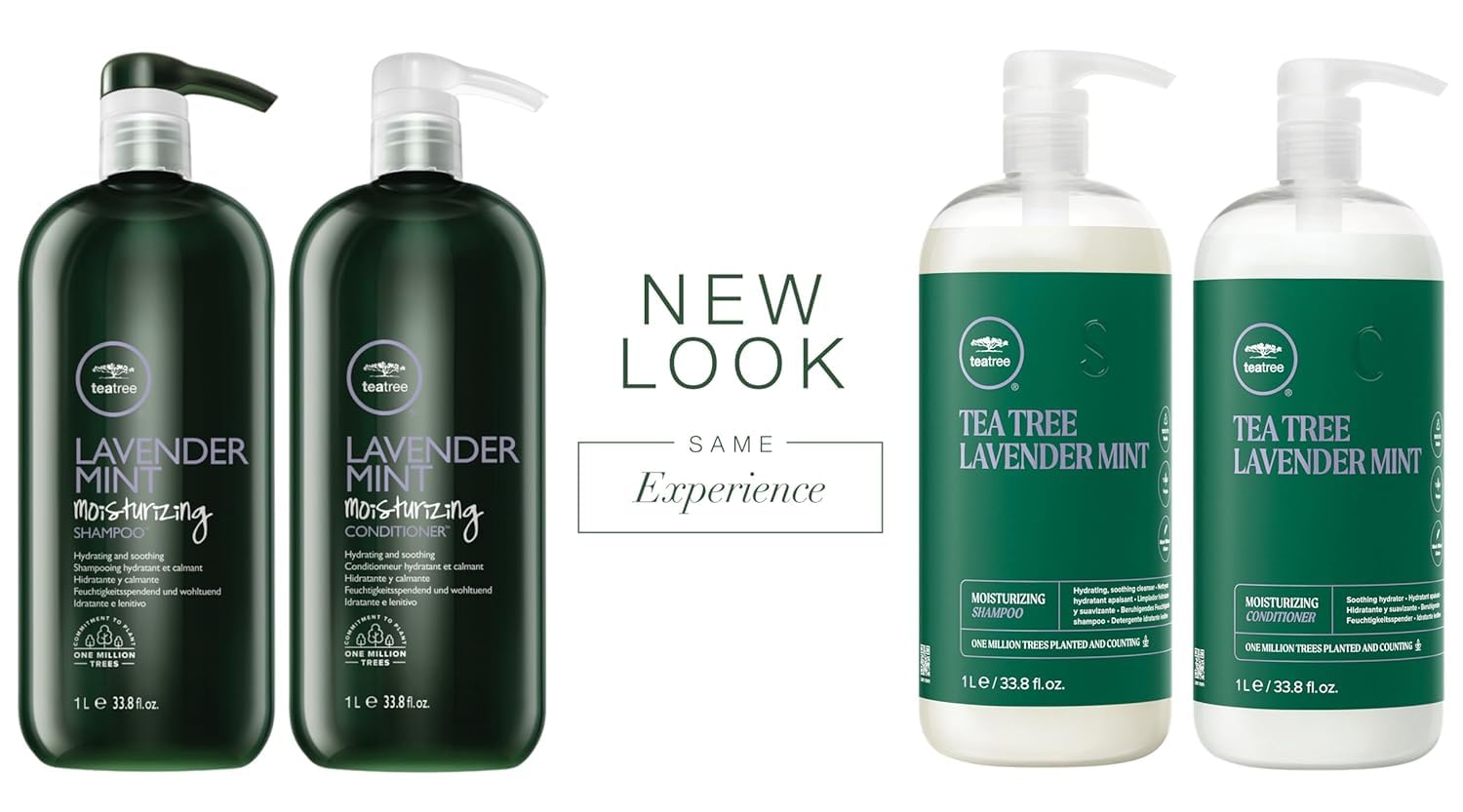 Acondicionador Tea Tree Lavender Mint: botella vertiendo, desenreda y suaviza cabello áspero.