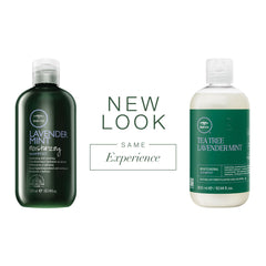 Tea Tree Lavender Mint Shampoo etiqueta relajada, aroma calmante para ducha relajante.