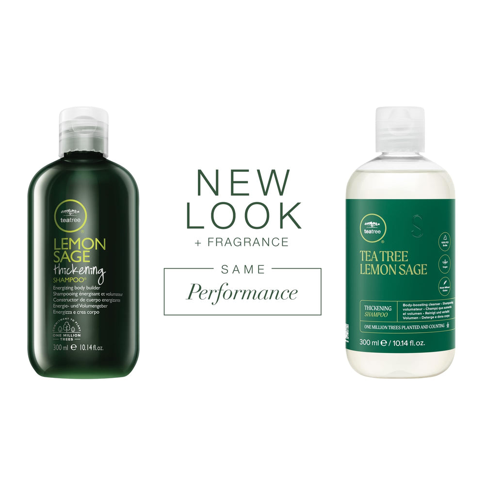 Tea Tree Lemon Sage Thickening Shampoo, frente del frasco, etiqueta clara.
