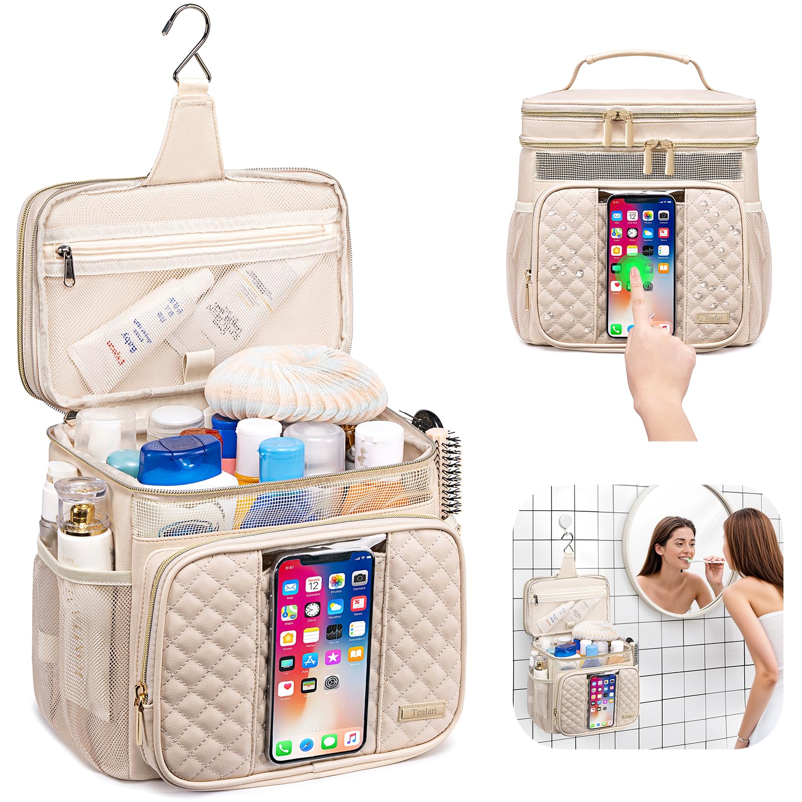 Tealari bolsa de higiene de cuero con amplio interior para cosméticos.