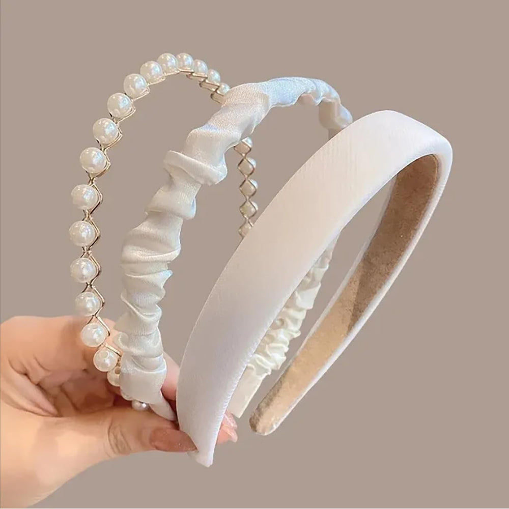 Diadema TEBIEKOY blanca de perlas, juego de tres, para looks elegantes.