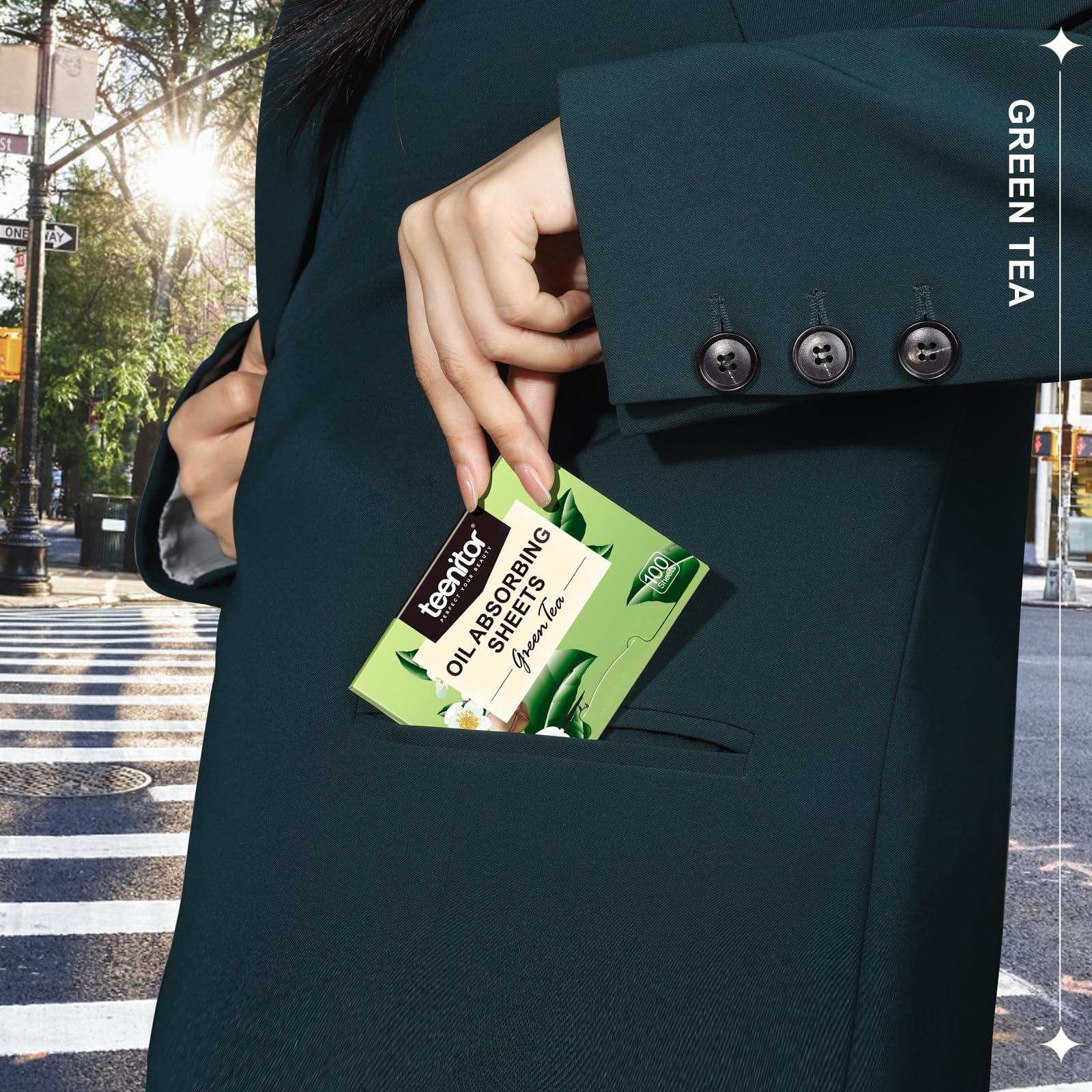 Teenitor hojas absorbentes de aceite portátiles té verde 10x7 cm para bolso.