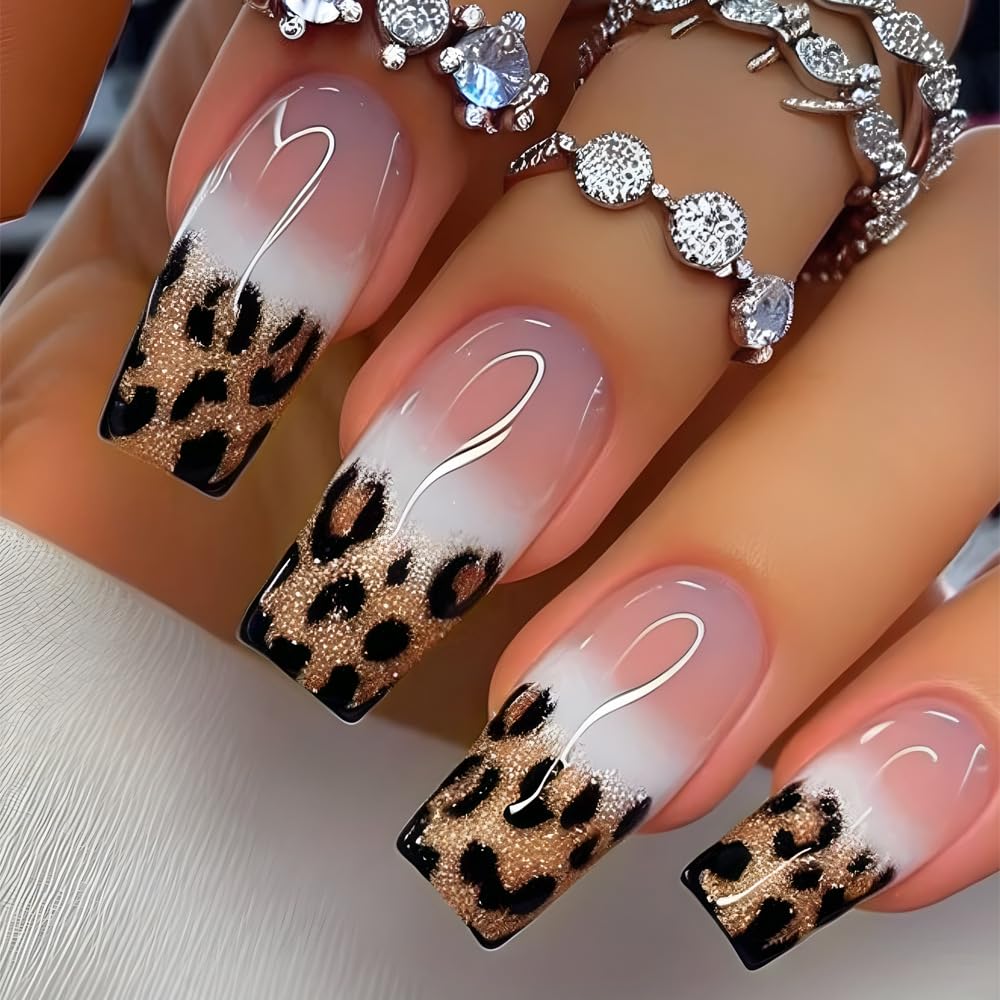 Uñas postizas Teilihai Leopardo Dorado con brillo para looks glamorosos