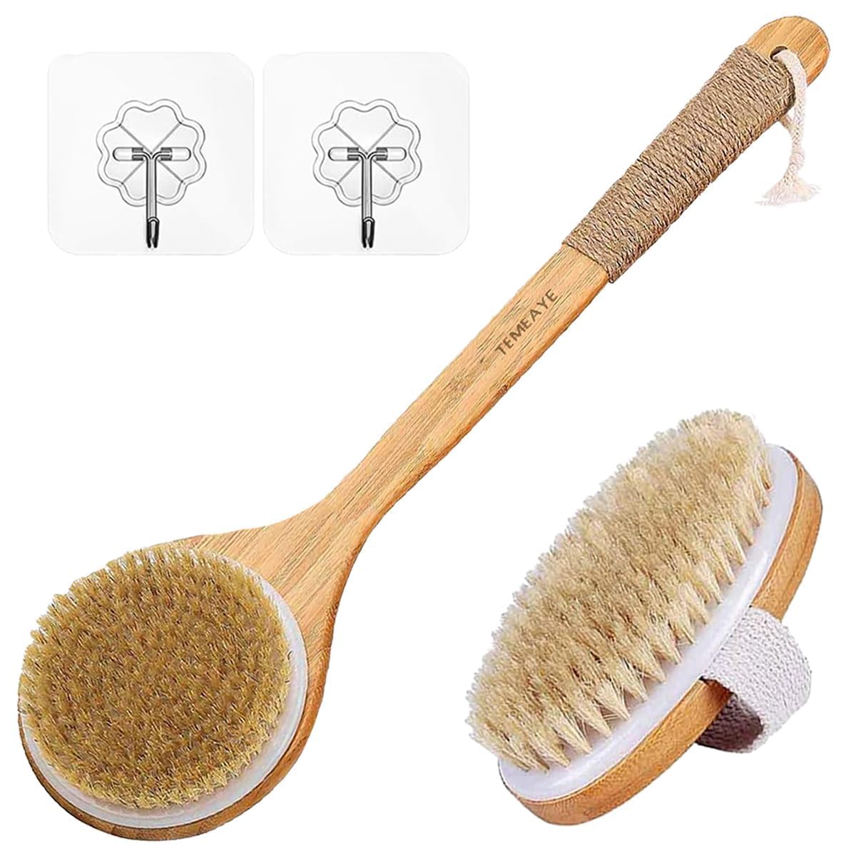 temeaye cepillo cuerpo seco con mango de madera, exfolia suavemente la espalda y mejora la circulación.