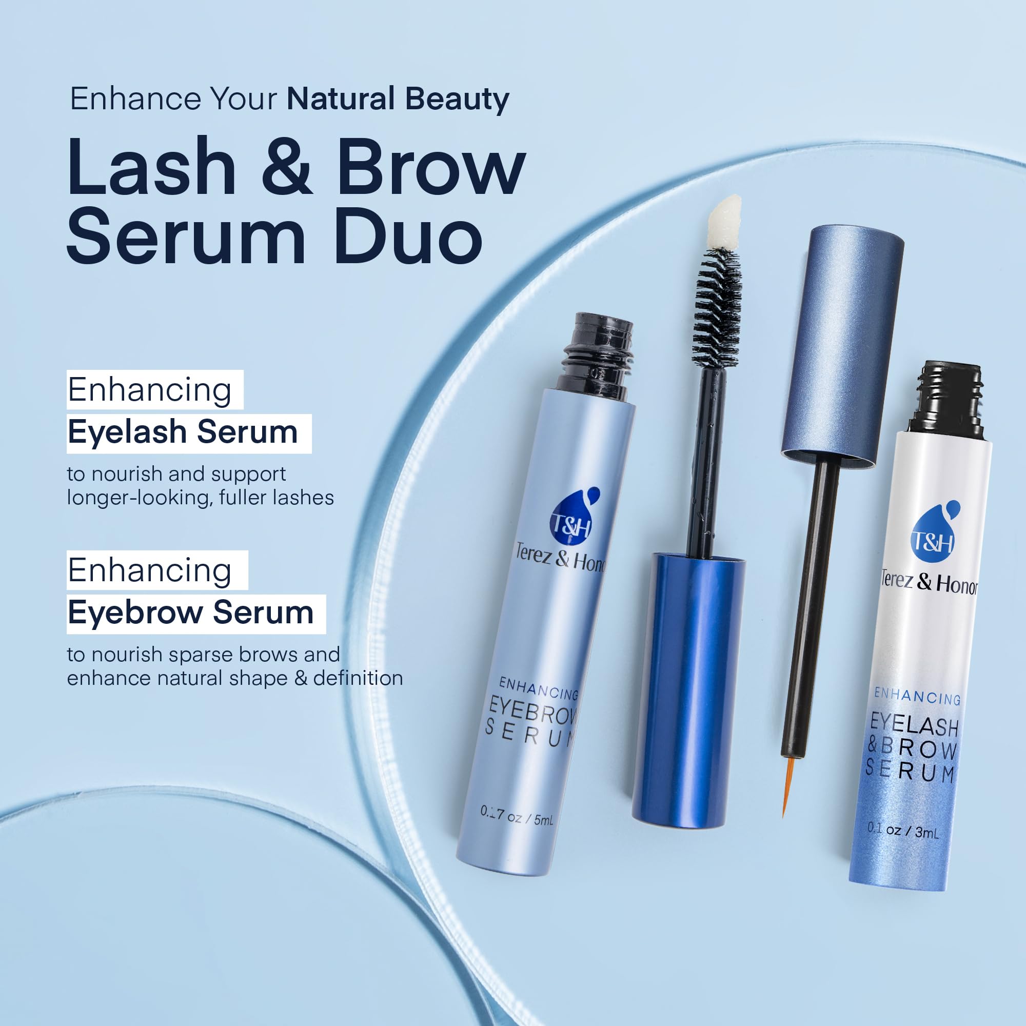 Aplicador de Terez & Honor con serum, precisión para pestañas y cejas.