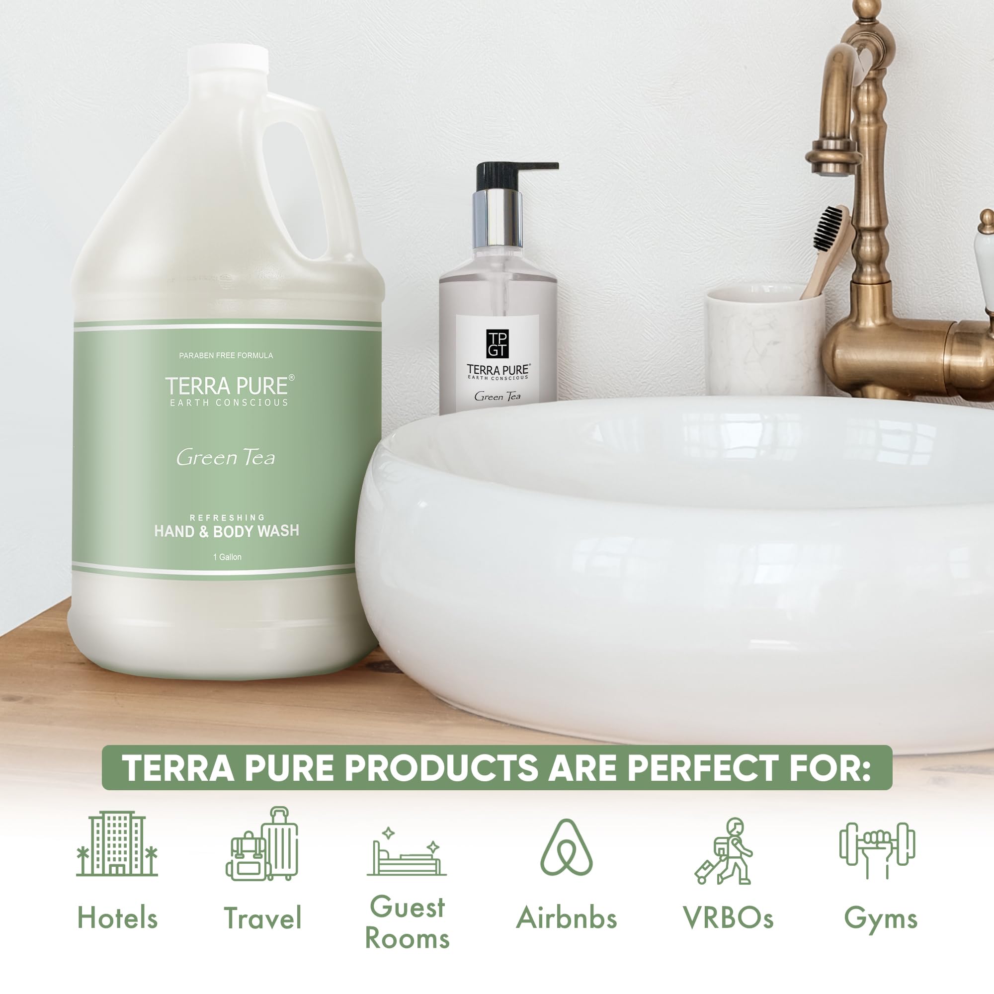 Terra Pure Jabon Té Verde, fórmula suave para manos en hotel