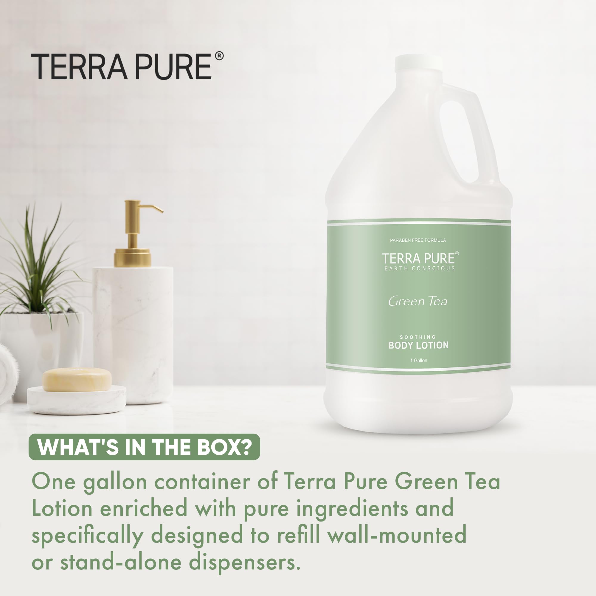 Terra Pure Lotion para hoteles, galón reutilizable, simplifica la gestión de amenidades.