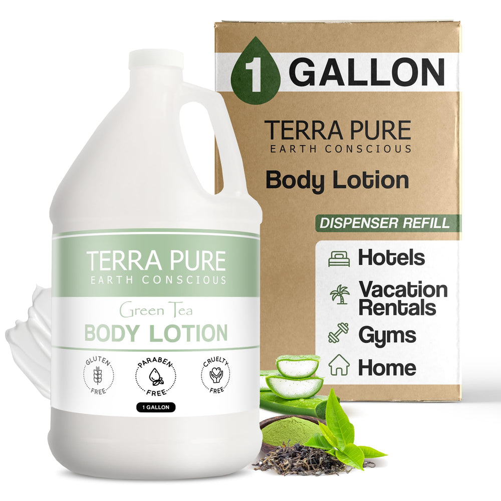 Terra Pure Lotion té verde en galón para hotel, listo para rellenar dispensadores.