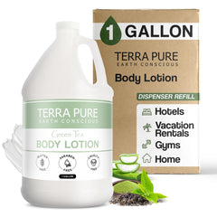 Terra Pure Lotion té verde en galón para hotel, listo para rellenar dispensadores.