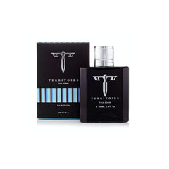 Territoire Eau de Parfum, botella azul, aroma sofisticado para eventos nocturnos.