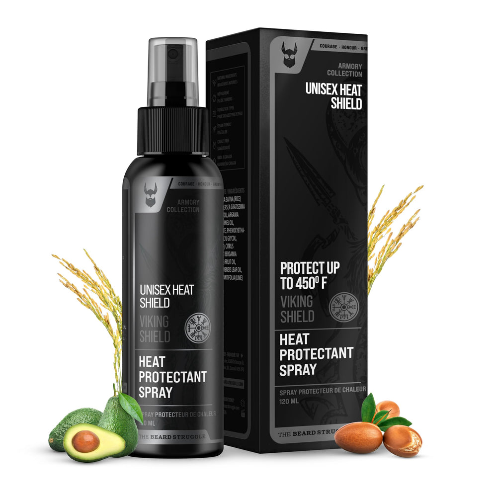 The Beard Struggle Viking Shield Spray, botella frontal, protege del calor