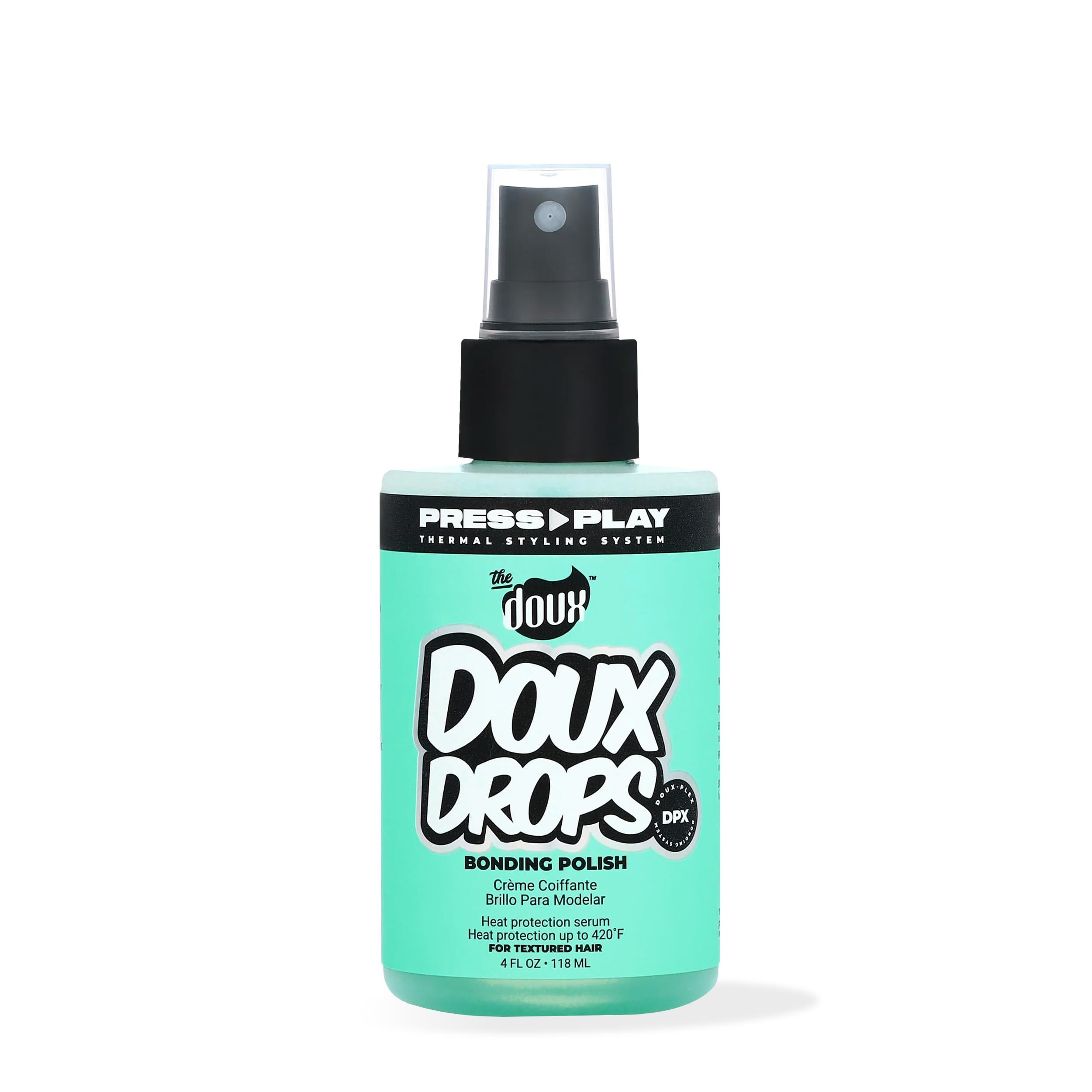 The Doux Drops Bonding Polish Spray con envase visible para sellar enlaces y peinados duraderos