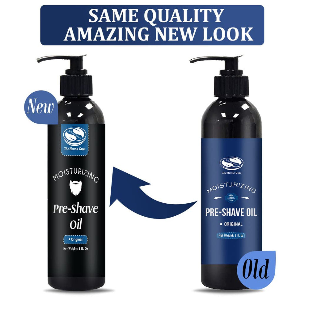 Shaving routine featuring The Henna Guys pre-shave oil for comfort.