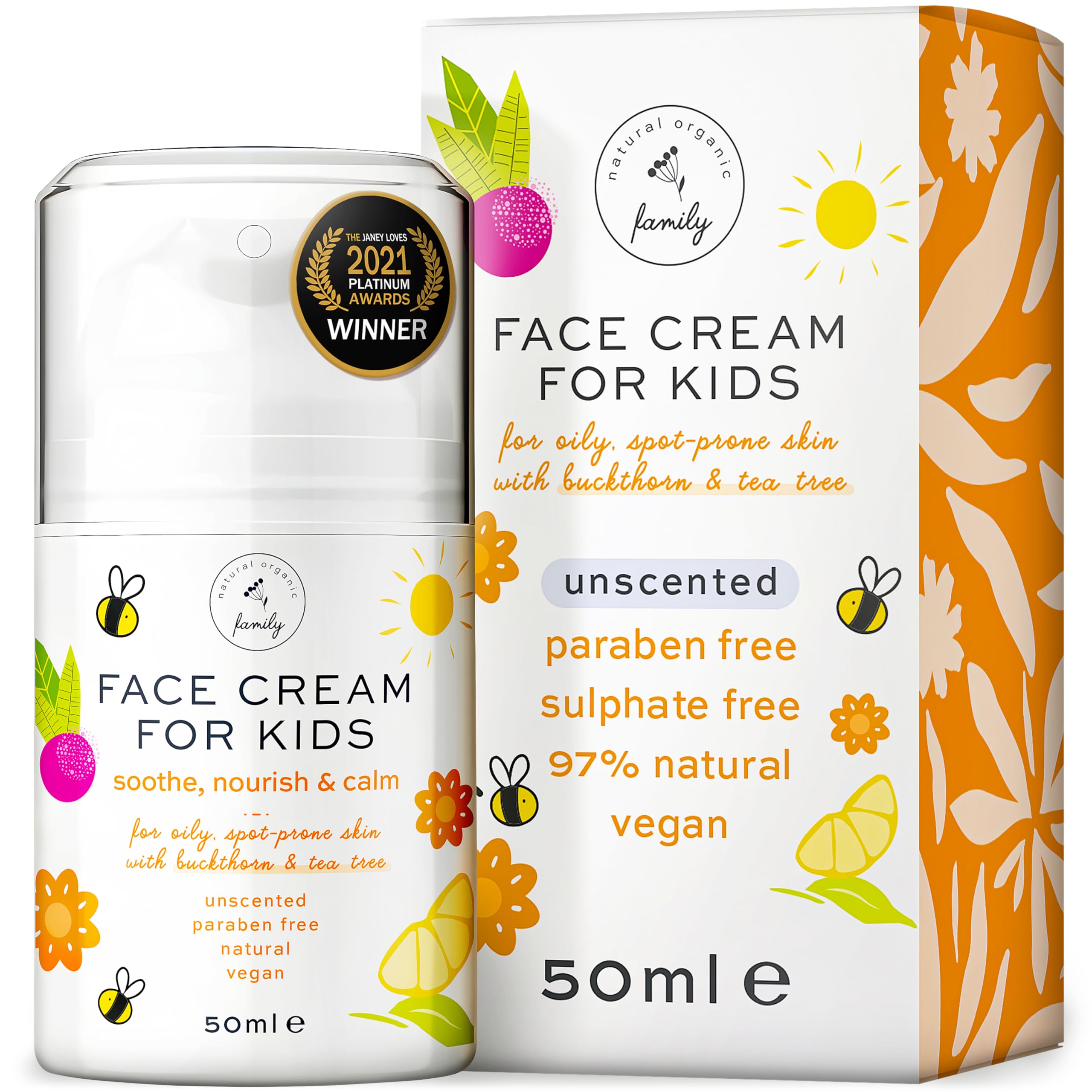 La crema para niños de The Natural and Organic Family en envase compacto para hidratación suave diaria.