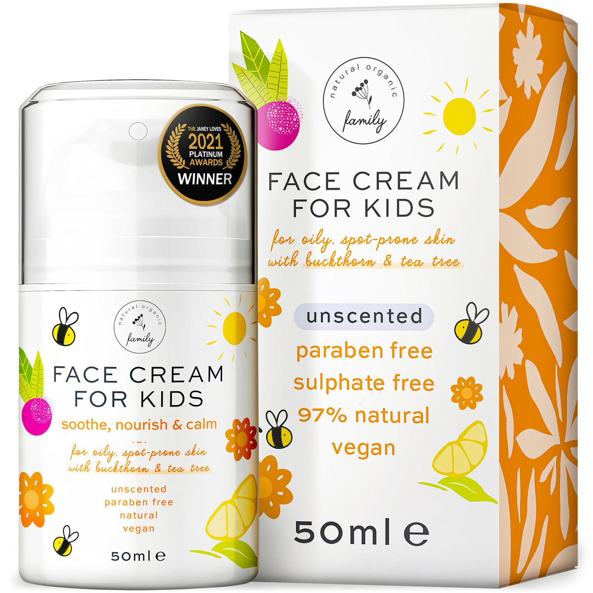 La crema para niños de The Natural and Organic Family en envase compacto para hidratación suave diaria.