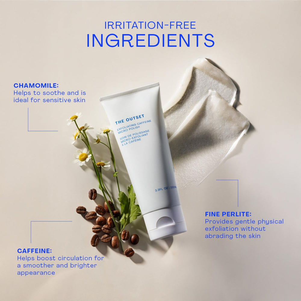 The Outset Exfoliating Caffeine Micro Polish, masaje circular para renovación suave.