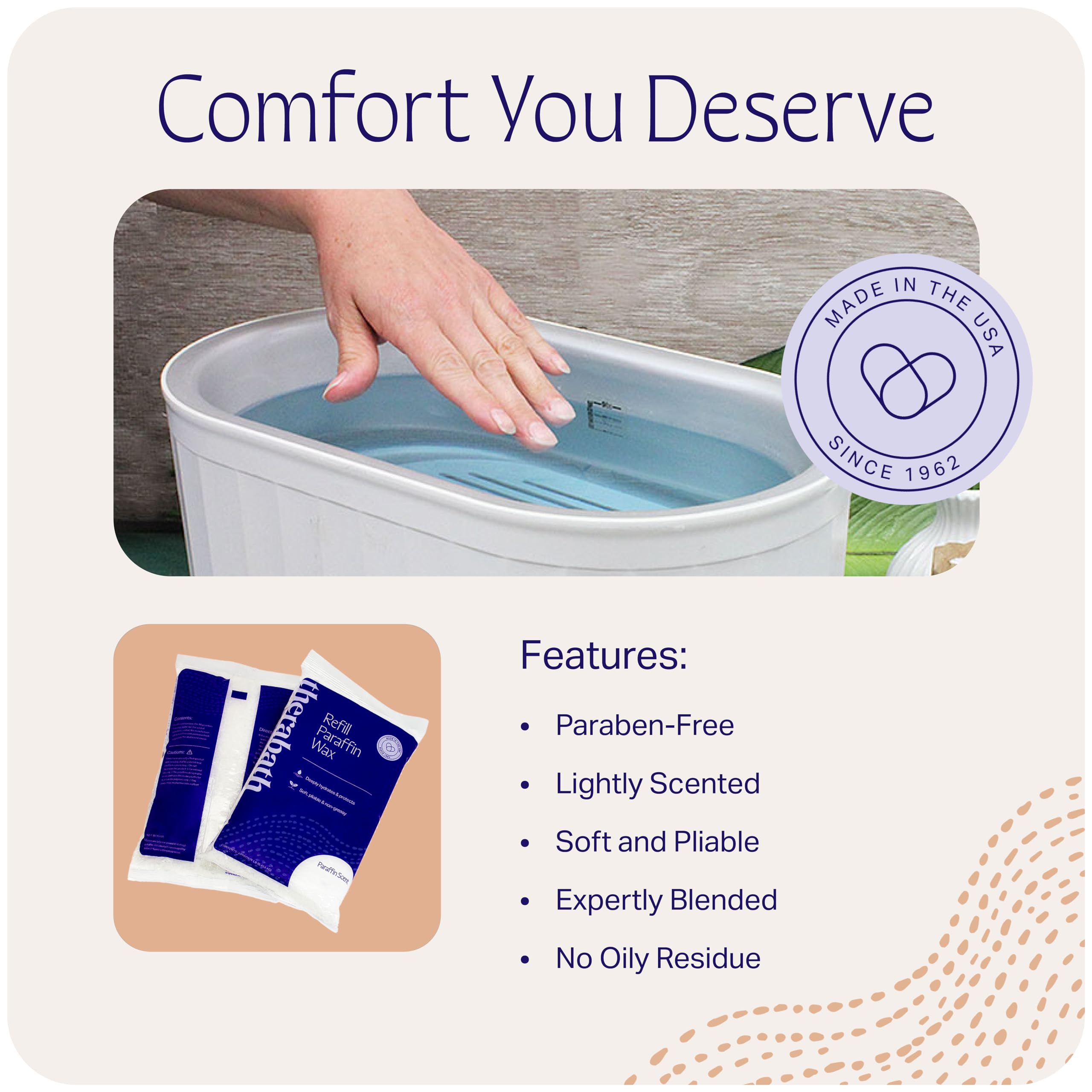 Therabath soft-pliable paraffin wax, mess-free pliability during therapy sessions.